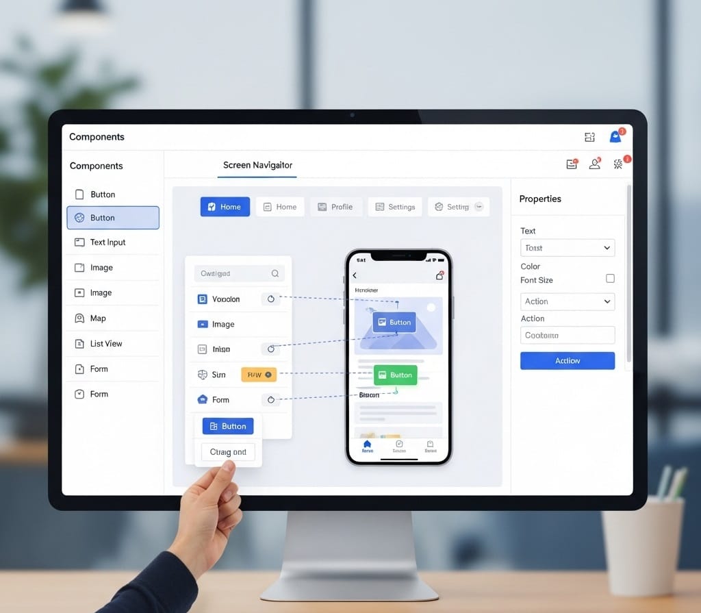 Visual showing drag-and-drop interface for low-code mobile app creation
